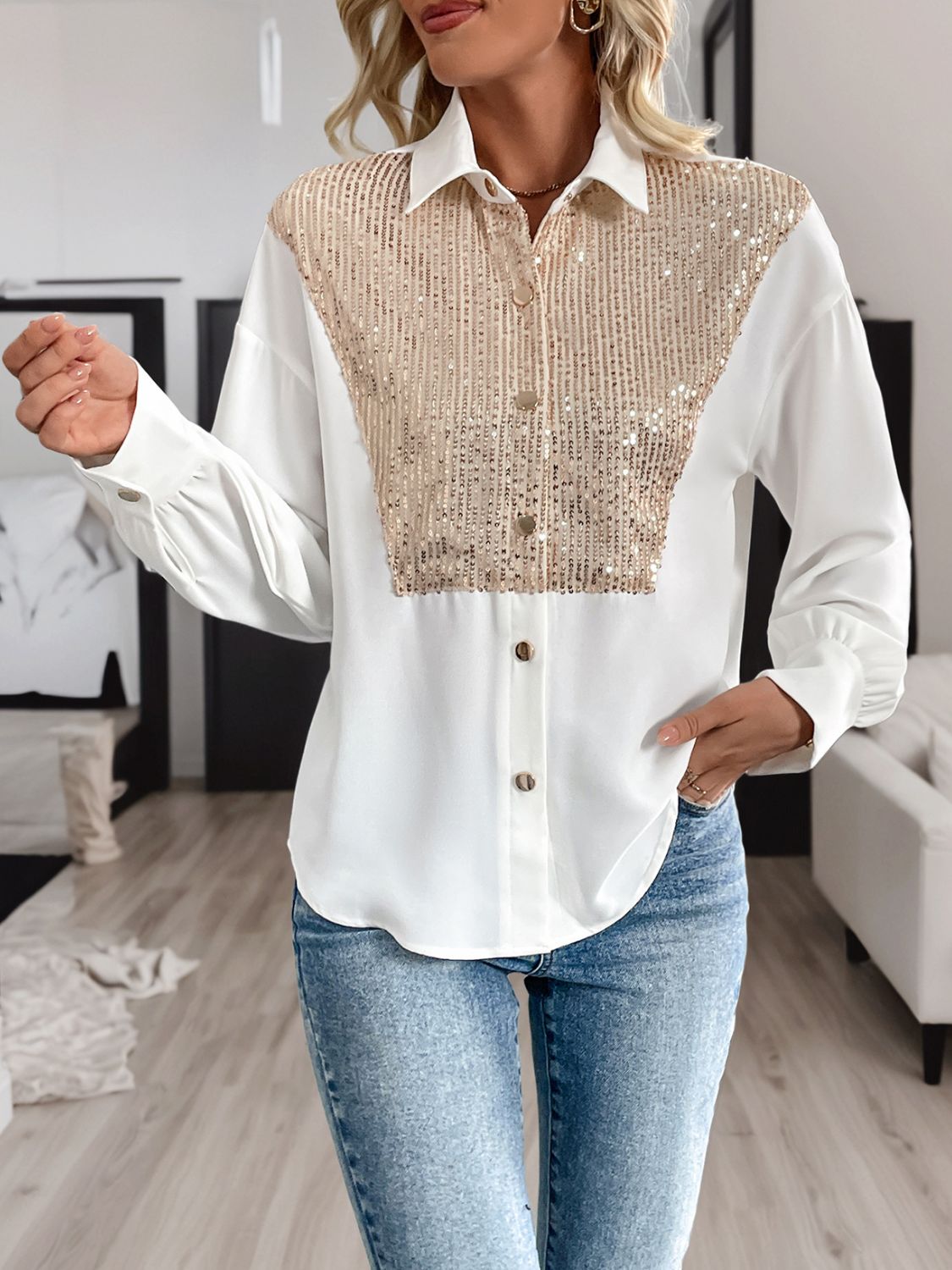 Perfee Sequin Contrast Collared Neck Long Sleeve Shirt - Little Miss Vanilla