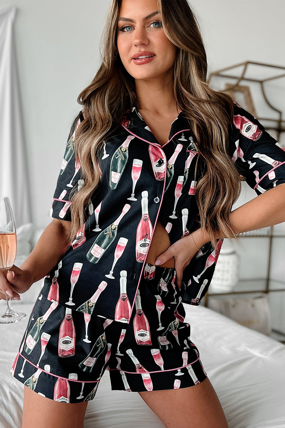 Black Champagne Print Silky Short Sleeve Pajamas Set - Little Miss Vanilla