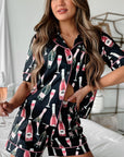 Black Champagne Print Silky Short Sleeve Pajamas Set - Little Miss Vanilla