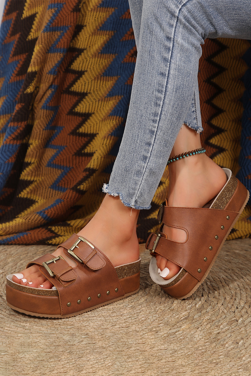 Chestnut Dual Buckle Studded Platform Sandal Slippers - Little Miss Vanilla