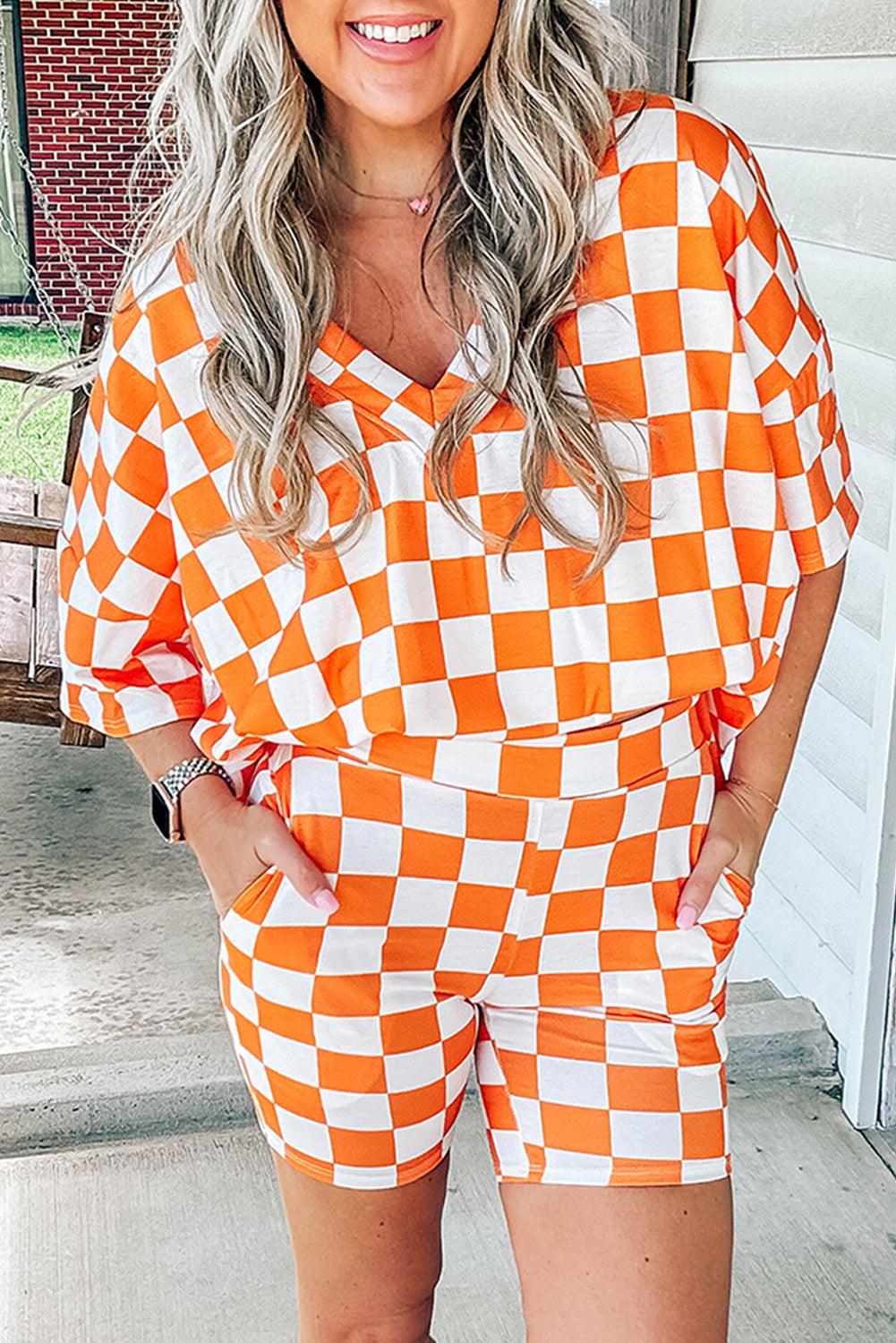 Orange Checkerboard Print V Neck Loose Tee and Shorts Lounge Set - Little Miss Vanilla