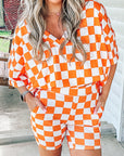 Orange Checkerboard Print V Neck Loose Tee and Shorts Lounge Set - Little Miss Vanilla