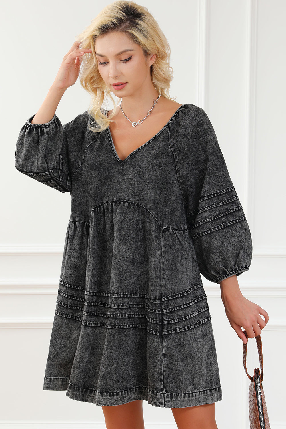 V-Neck Three Quarter Sleeve Denim Dress - Little Miss Vanilla