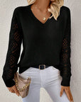 Solid V-neck Pullover Sweater With Hollow Long Sleeve Fashion Tops For Women Clothing