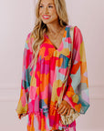 Red Abstract Print Bell Sleeve V Neck Babydoll Dress - Little Miss Vanilla