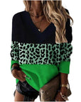 V-neck Leopard Print Splicing Long Sleeve Sweatshirt Tops