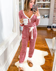 Red Stripe Buttoned V Neck Top and Knotted Waist Pants Lounge Set - Little Miss Vanilla