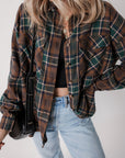 Brown Plaid Print Chest Pockets Buttoned Shirt Jacket - Little Miss Vanilla