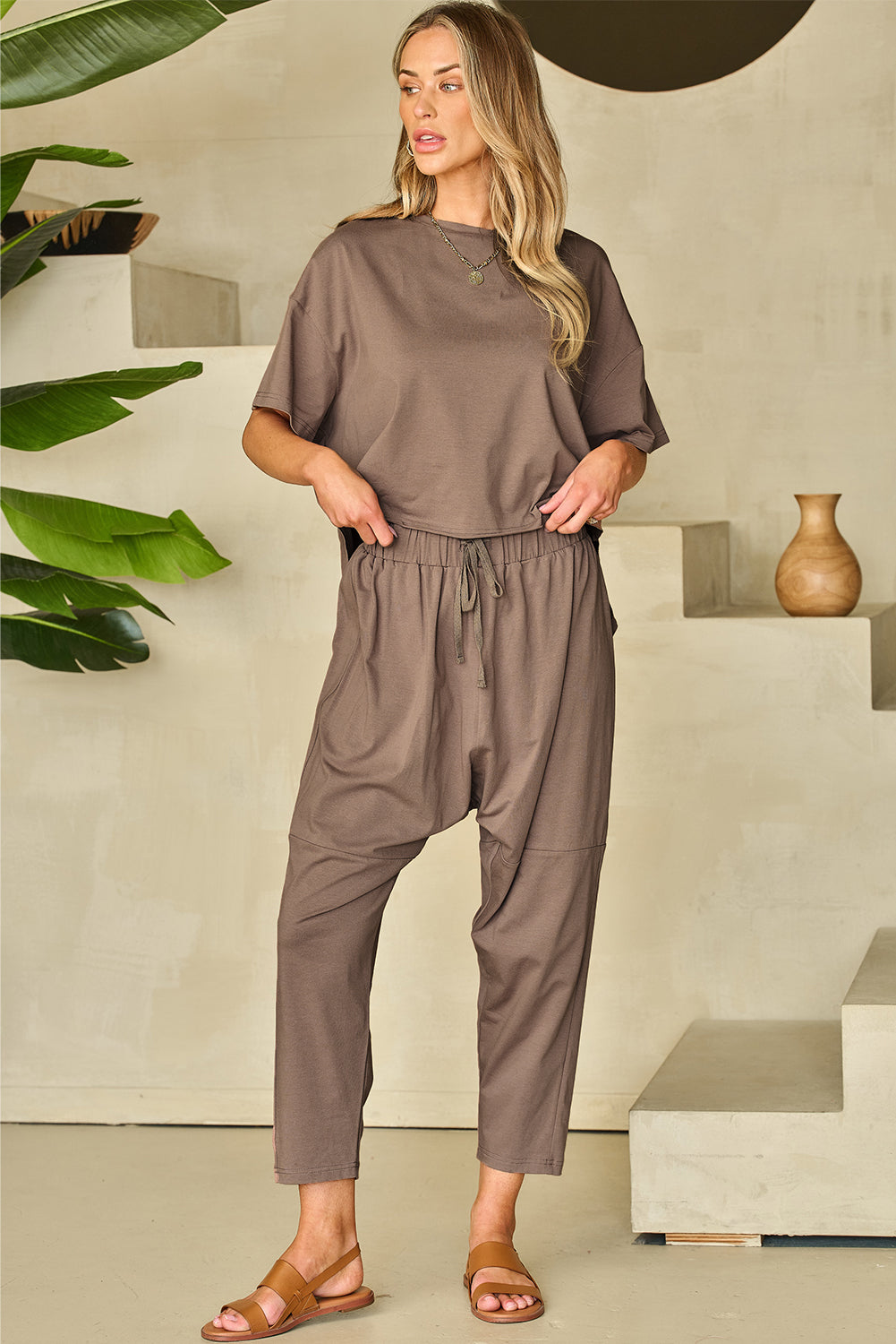 Simply Taupe High Low Boxy Fit Tee and Crop Pants Set - Little Miss Vanilla