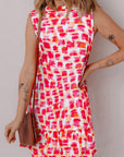 Pink Abstract Print Frilly Neck Sleeveless Mini Dress