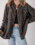 Brown Plaid Print Chest Pockets Buttoned Shirt Jacket - Little Miss Vanilla