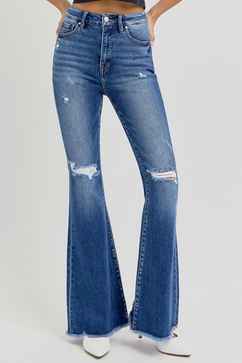 RISEN Full Size High Rise Distressed Raw Hem Flare Jeans - Little Miss Vanilla