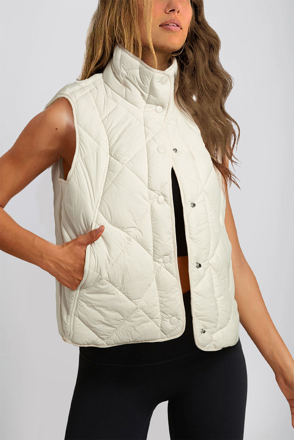 Beige Quilted High Neck Button Up Pocket Vest Coat - Little Miss Vanilla