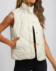 Beige Quilted High Neck Button Up Pocket Vest Coat - Little Miss Vanilla