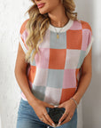 Mandy Checkered Round Neck Cap Sleeve Knit Top - Little Miss Vanilla