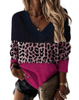 V-neck Leopard Print Splicing Long Sleeve Sweatshirt Tops