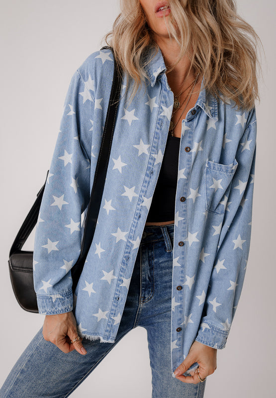 Raw Hem Star Collared Neck Denim Top - Little Miss Vanilla