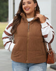 Coffee Corduroy Stand Neck Zipped Puffer Vest