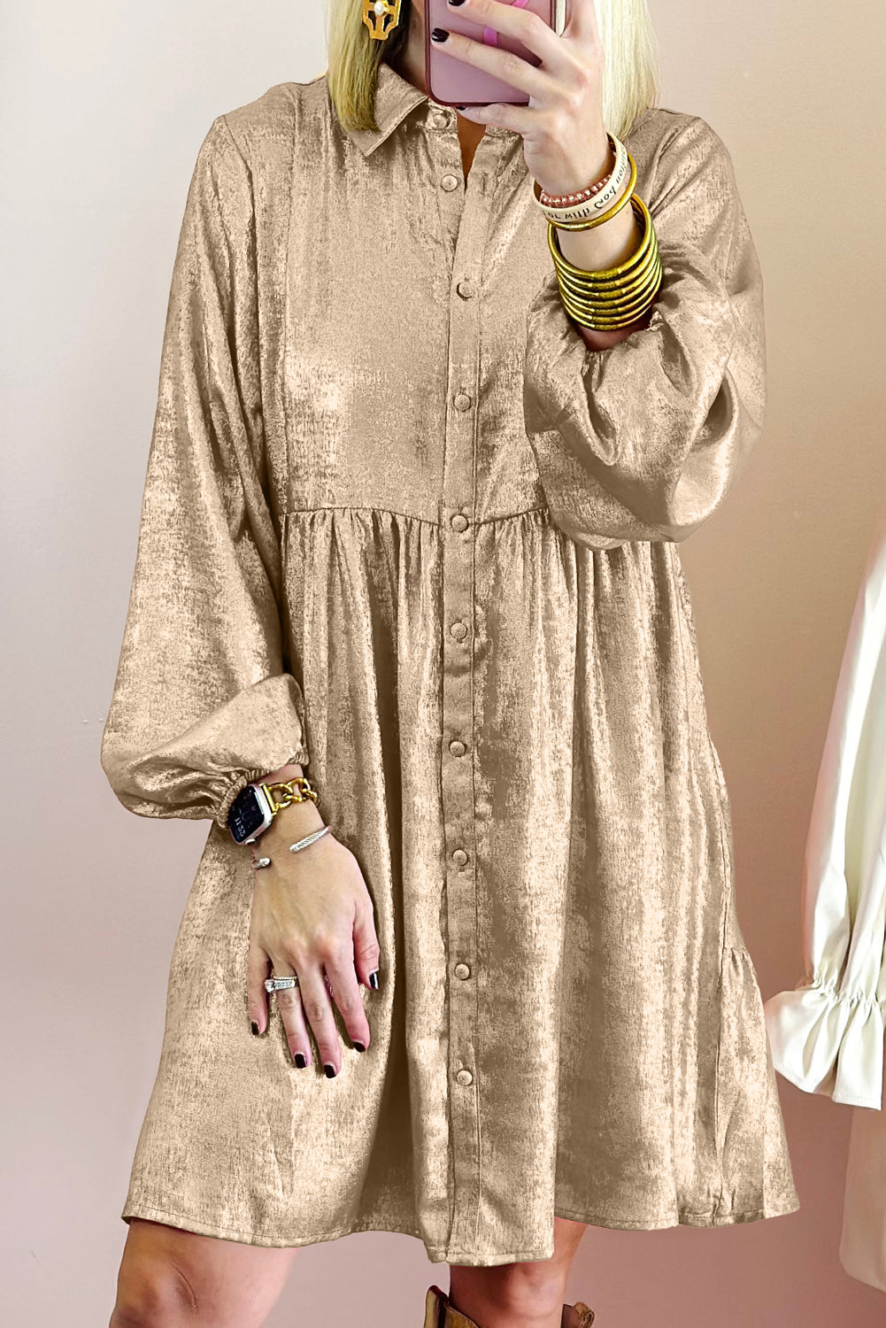 Apricot Metallic Sheen Puff Sleeve Button Up Mini Shirt Dress - Little Miss Vanilla