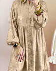 Apricot Metallic Sheen Puff Sleeve Button Up Mini Shirt Dress - Little Miss Vanilla