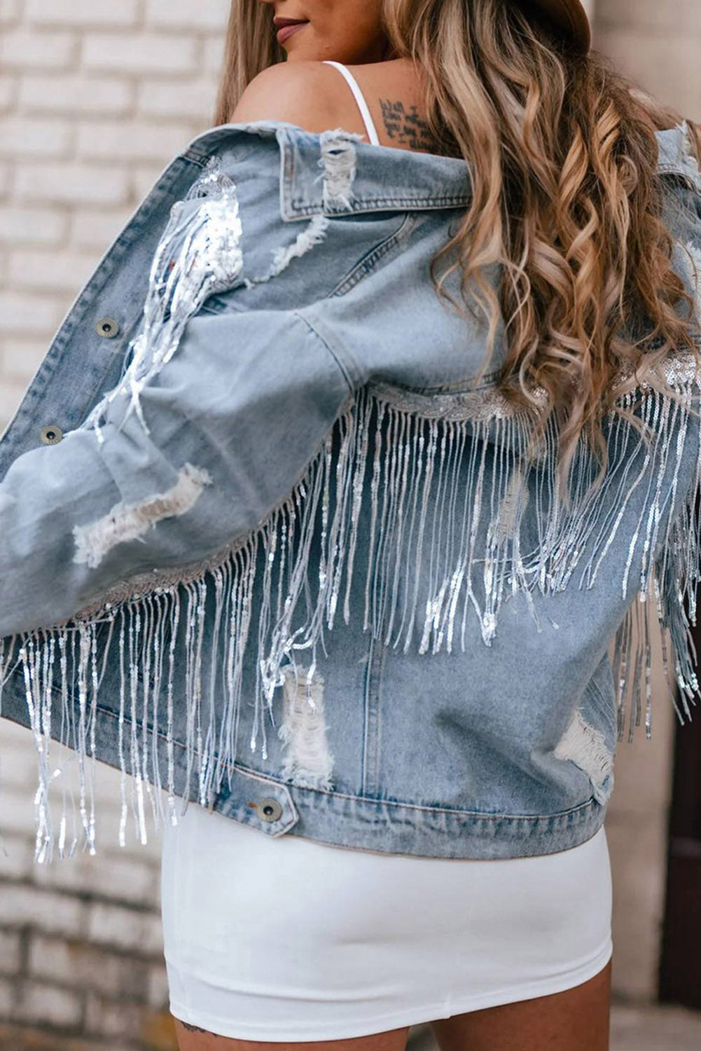 Sequin Fringe Trim Distressed Button Up Denim Jacket - Little Miss Vanilla