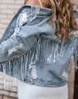 Sequin Fringe Trim Distressed Button Up Denim Jacket - Little Miss Vanilla