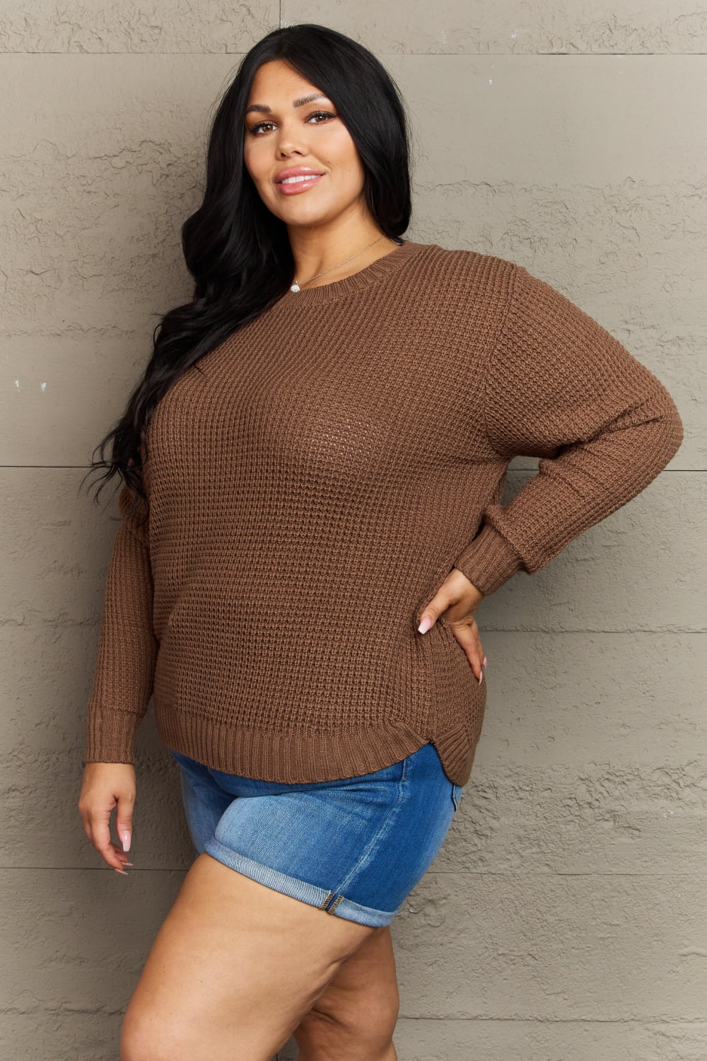 Zenana Breezy Days Plus Size High Low Waffle Knit Sweater - Little Miss Vanilla