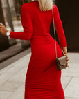 Fiery Red Long Sleeves Wrap V Neck Ruched Sheath Bodycon Dress - Little Miss Vanilla