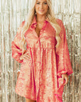 Peach Blossom Metallic Sheen Puff Sleeve Button Up Mini Shirt Dress - Little Miss Vanilla