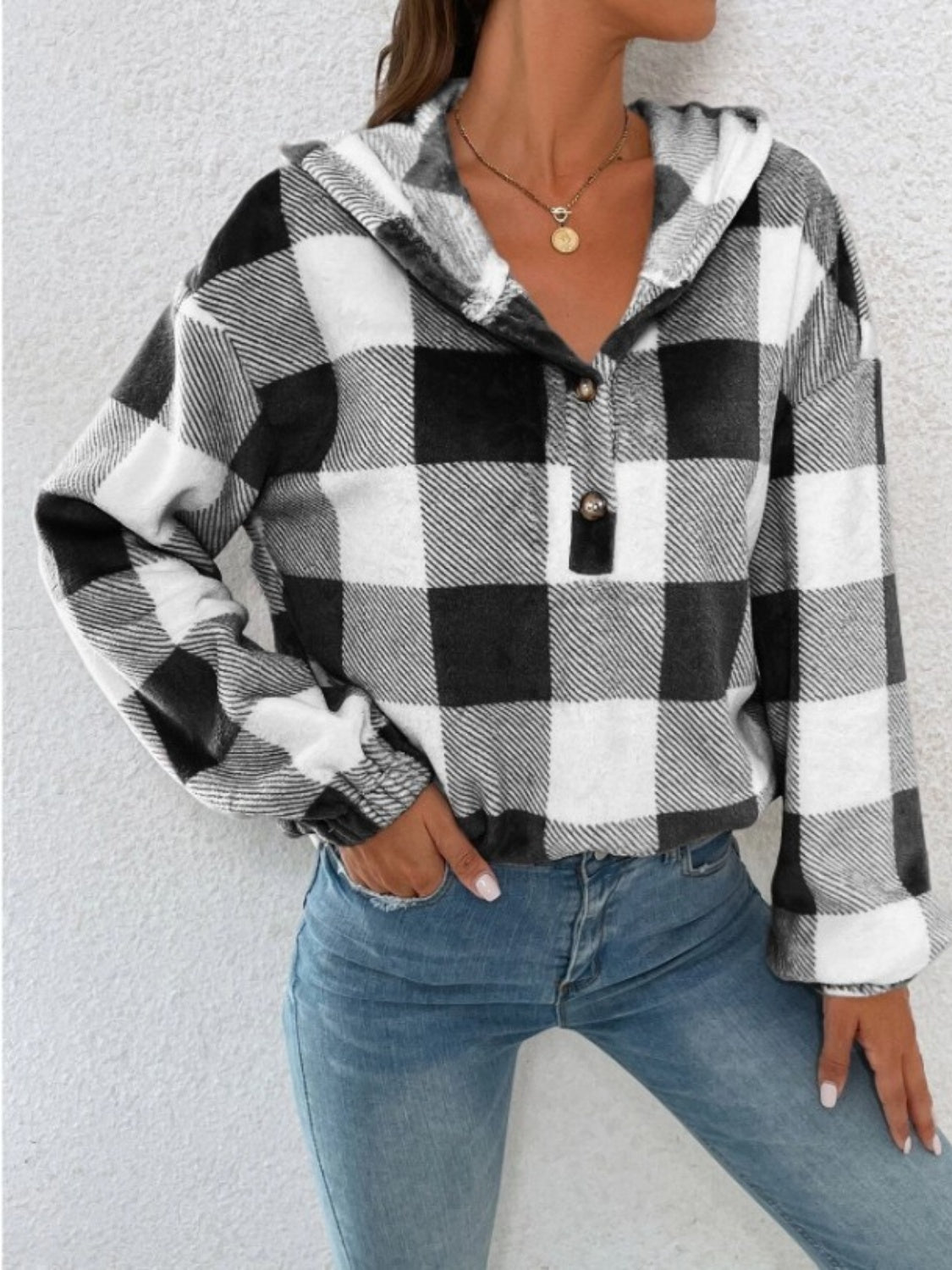 Plaid Half Button Long Sleeve Hoodie - Little Miss Vanilla