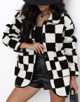 Black Checkered Side Pockets Collared Buttoned Fleece Jacket