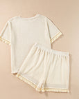 Beige Fringe Trim Textured Short Two Piece Set