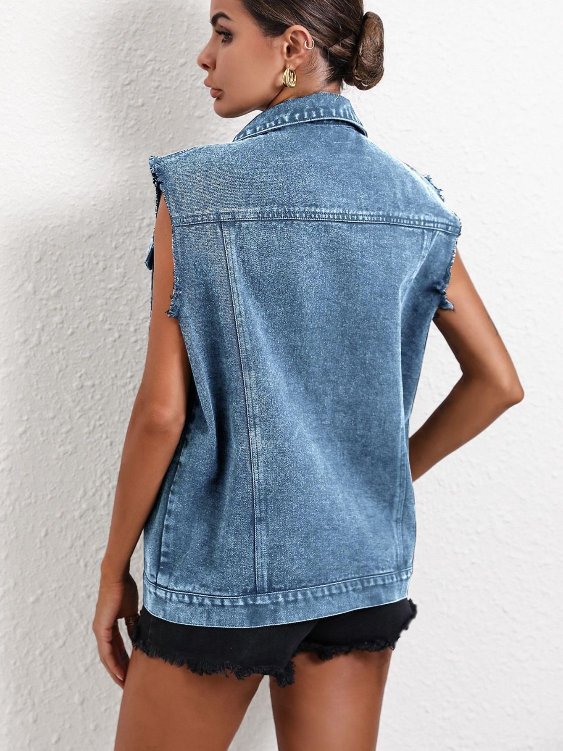 Pocketed Collared Neck Sleeveless Denim Top - Little Miss Vanilla