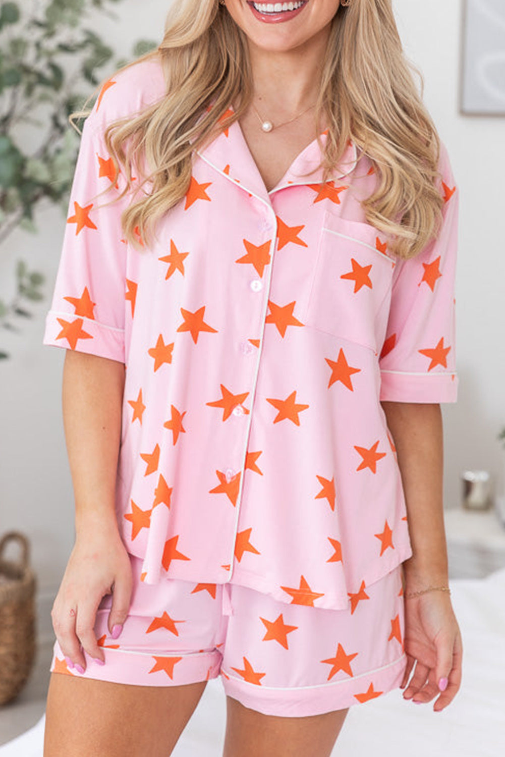 Pink Stars Short Sleeve Shirt and Shorts Bamboo Pajama Set - Little Miss Vanilla