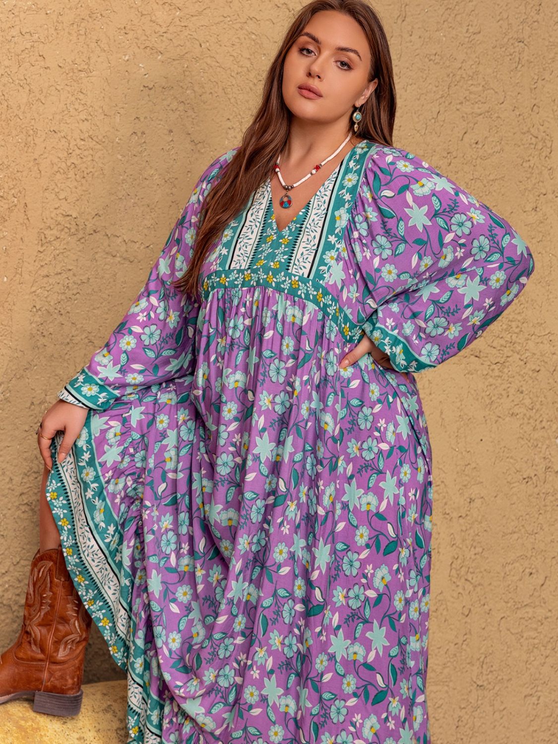 Plus Size Printed V-Neck Long Sleeve Maxi Dress - Little Miss Vanilla