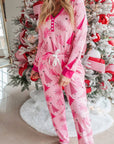 Pink Christmas Tree Print V Neck Buttoned Pullover and Drawstring Pants Lounge Set - Little Miss Vanilla