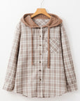 Khaki Checkered Print Loose Fit Buttoned Hooded Shacket