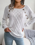 Square Neck Knitted Sweater With Button Design Winter Warm Long Sleeve Tops Women's Clothing