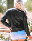 Black Solid Faux Leather Zipper Slim Fit Bomber Jacket