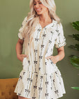 Beige Cute Bowknot Printed Bubble Sleeve V Neck Mini Dress - Little Miss Vanilla