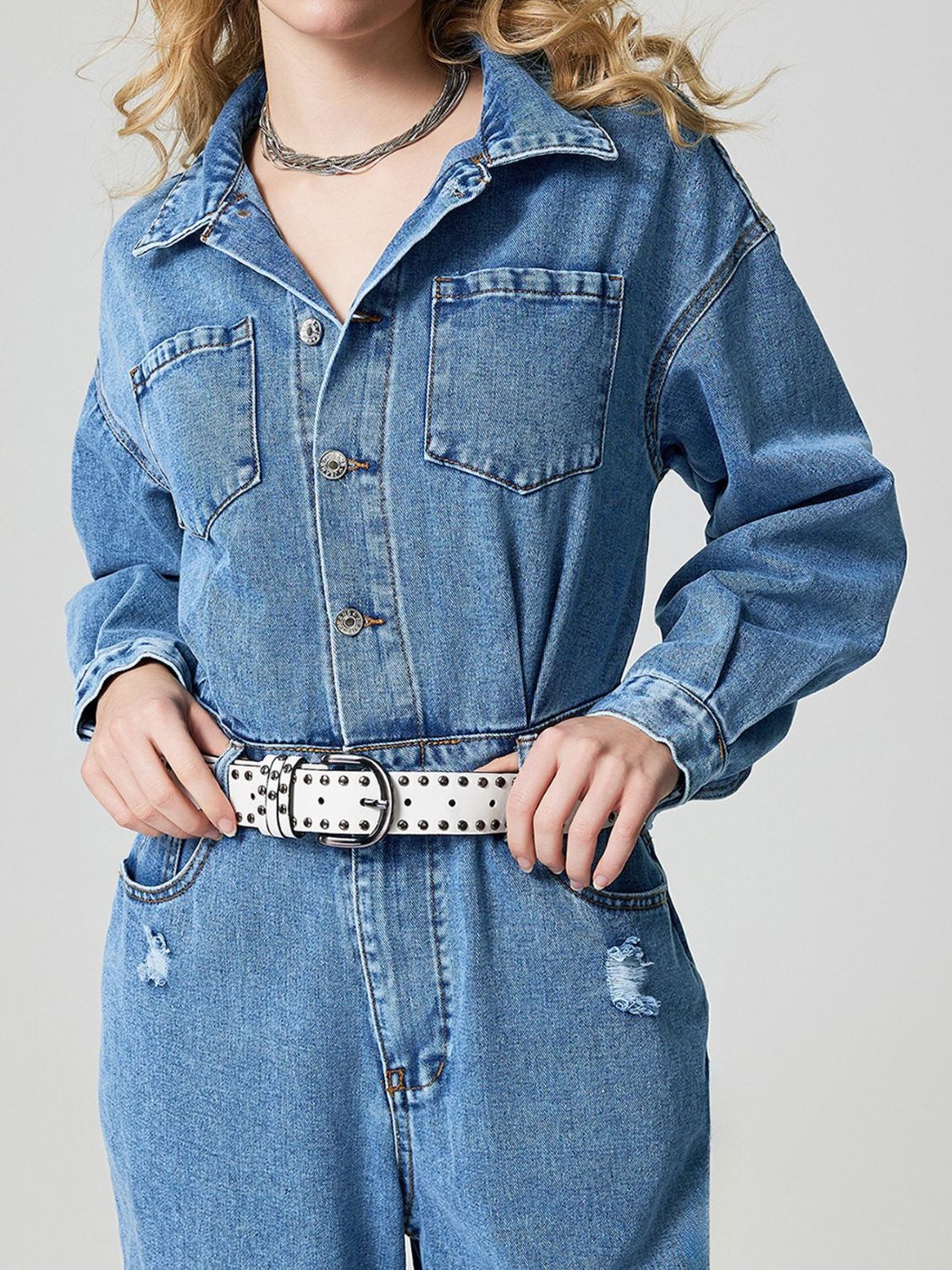 Distressed Button Down Drop Shoulder Denim Jumpsuit - Little Miss Vanilla