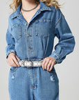 Distressed Button Down Drop Shoulder Denim Jumpsuit - Little Miss Vanilla