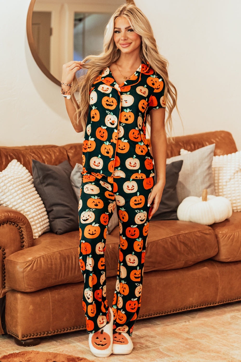 Orange Halloween Pattern Short Sleeve Shirt Pajama Set - Little Miss Vanilla