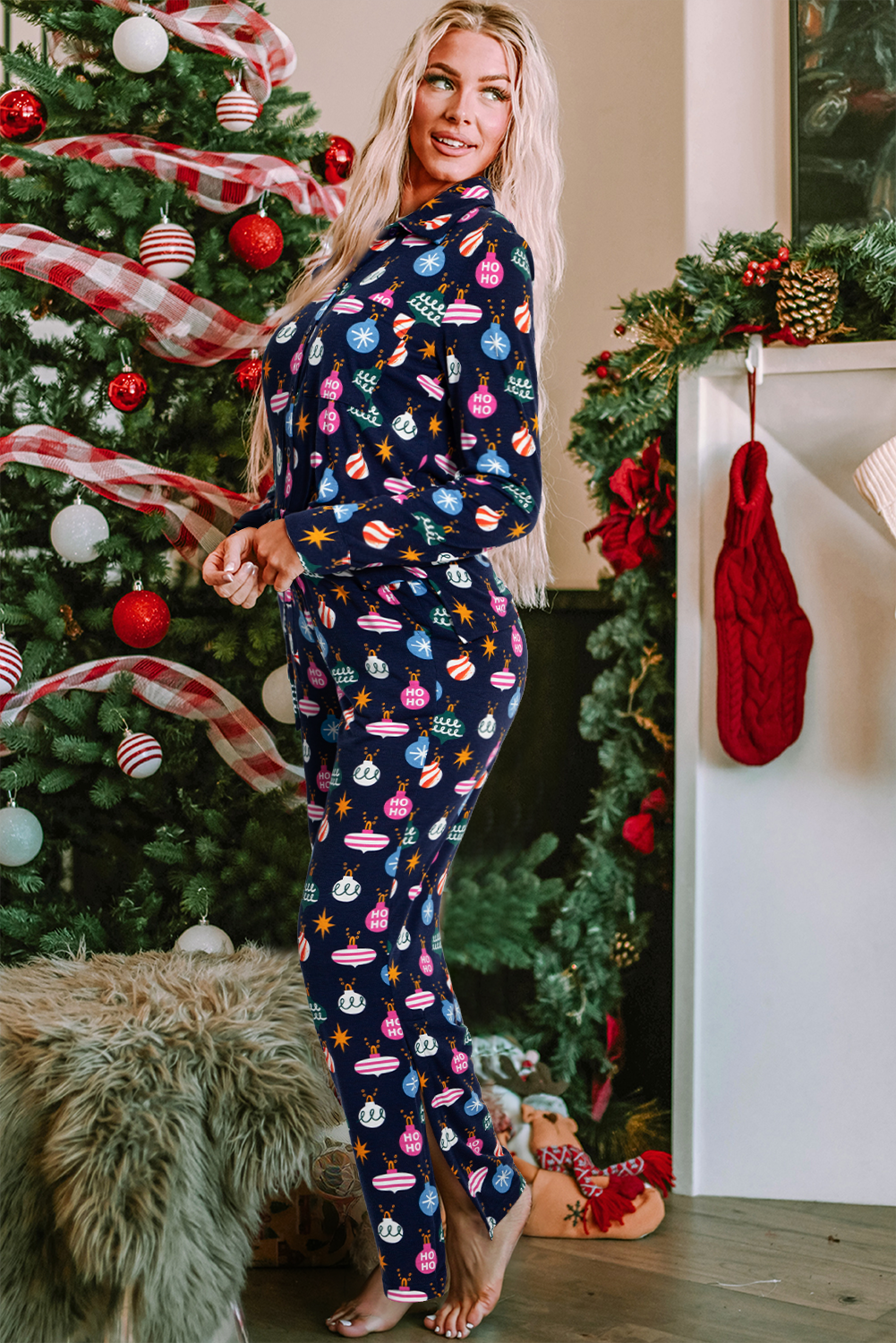 Navy Blue Colorful Christmas Lights Print Shirt and Pants Pajama Set - Little Miss Vanilla