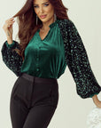 Sequin Notched Long Sleeve Blouse - Little Miss Vanilla