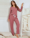 Waffle long sleeve pajamas suit for women in cameo red, perfect for casual home and sleepwear, featuring breathable fabric.