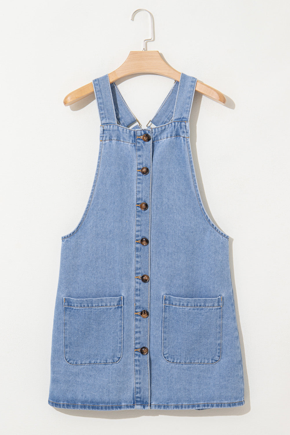 Beau Blue Wide Strap Button Front Pocketed Denim Mini Dress - Little Miss Vanilla