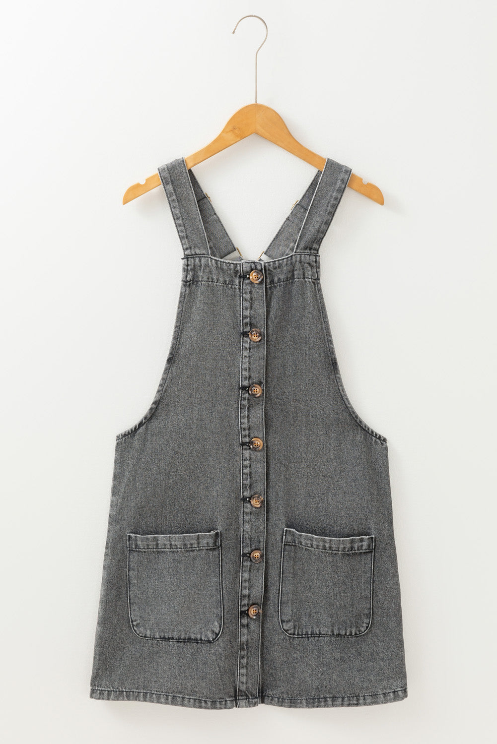 Medium Grey Wide Strap Button Front Pocketed Denim Mini Dress - Little Miss Vanilla