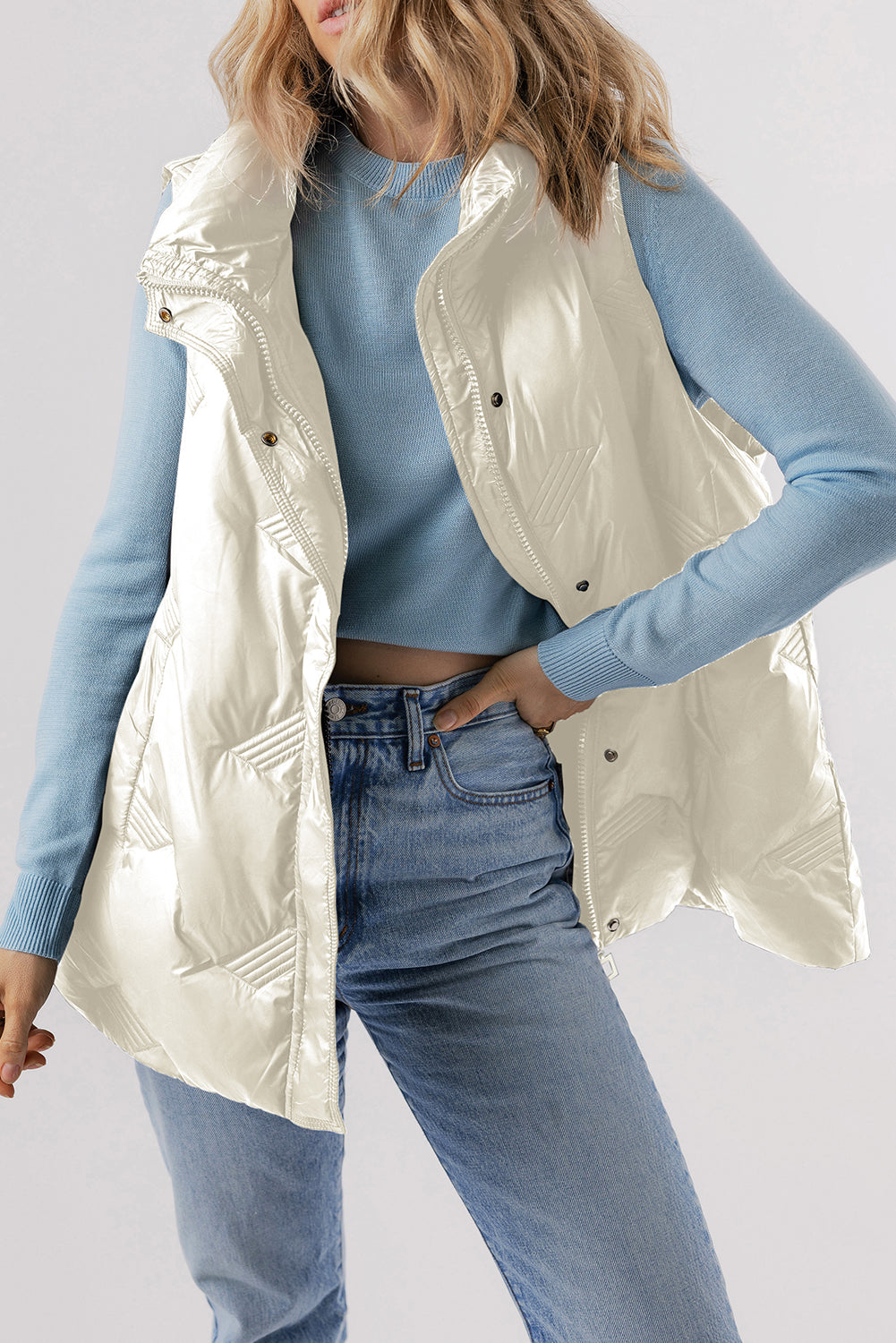 White Quilted High Neck Zip Up Jacket Vest - Little Miss Vanilla