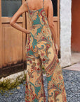 Red Paisley Printed Spaghetti Straps Elegant Wide Leg Jumpsuit